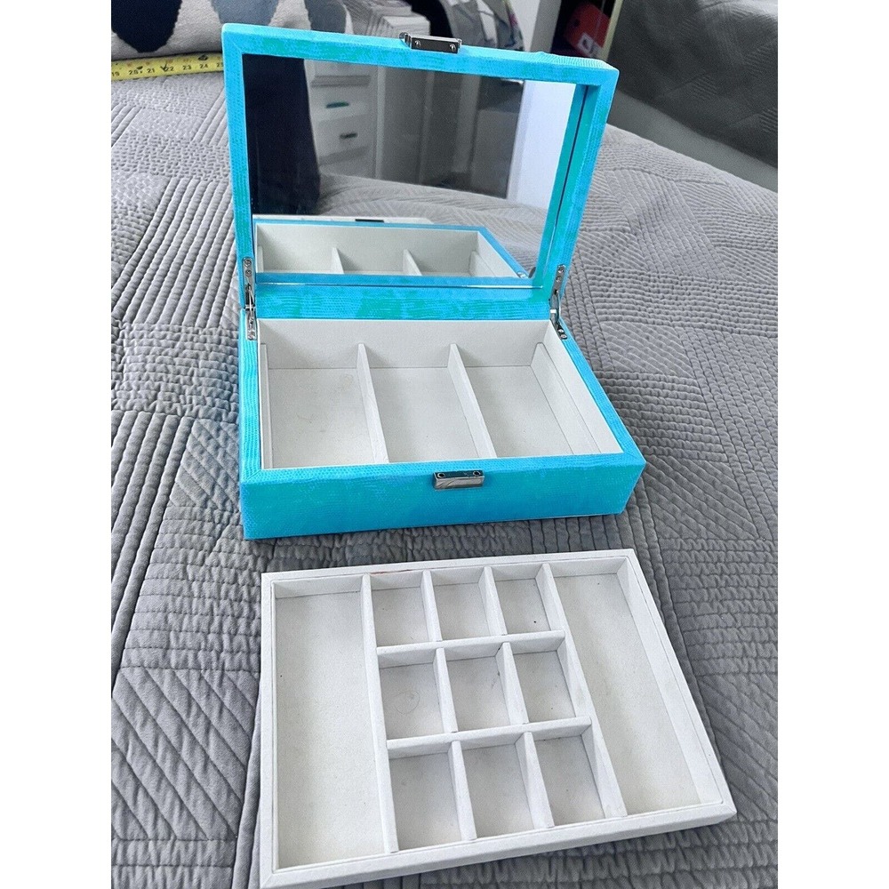 Turquoise Faux snake skin print jewerly box with mirror CLEAN! EUC